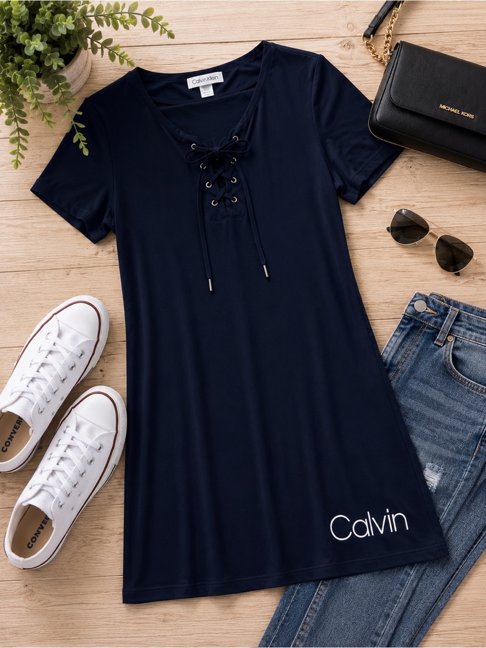 Calvin Klein navy blue Lace-Up Short Sleeve Shift Dress